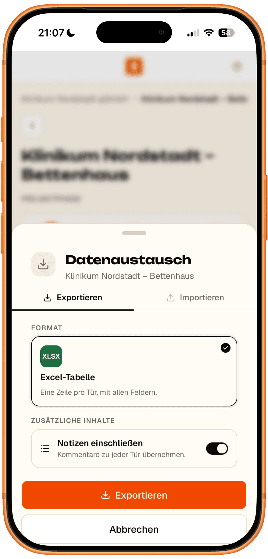 Keyra auf dem iPhone: Export-Dialog „Datenaustausch“ mit dem Format Excel-Tabelle — eine Zeile pro Tür mit allen Feldern — und der Option, Notizen einzuschließen.